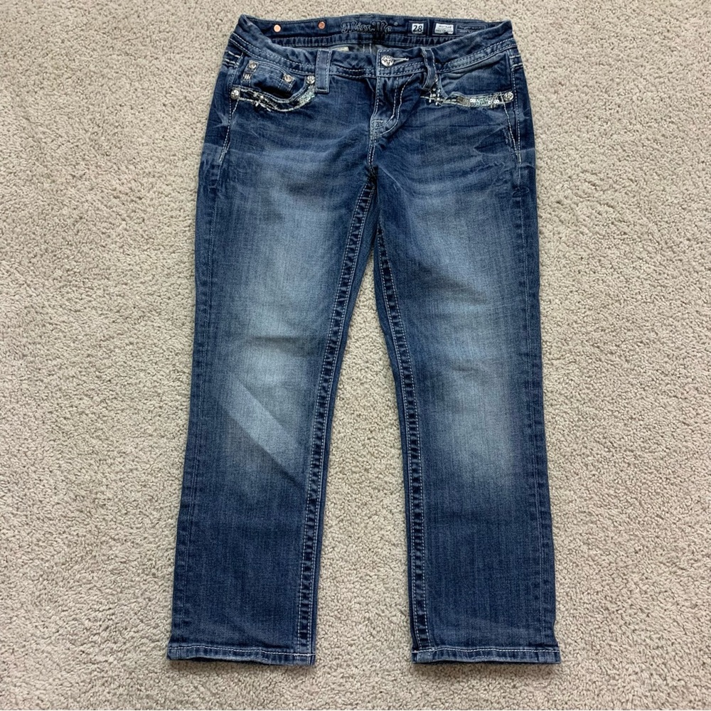 MISS ME Low Rise EASY CROPPED Flap Pocket STRETCH Sequined CAPRI Denim JEANS  28